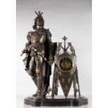 A LARGE AND IMPOSING 19TH CENTURY BRONZE FRENCH KNIGHT CLOCK formed as a Knight in suit of armour,