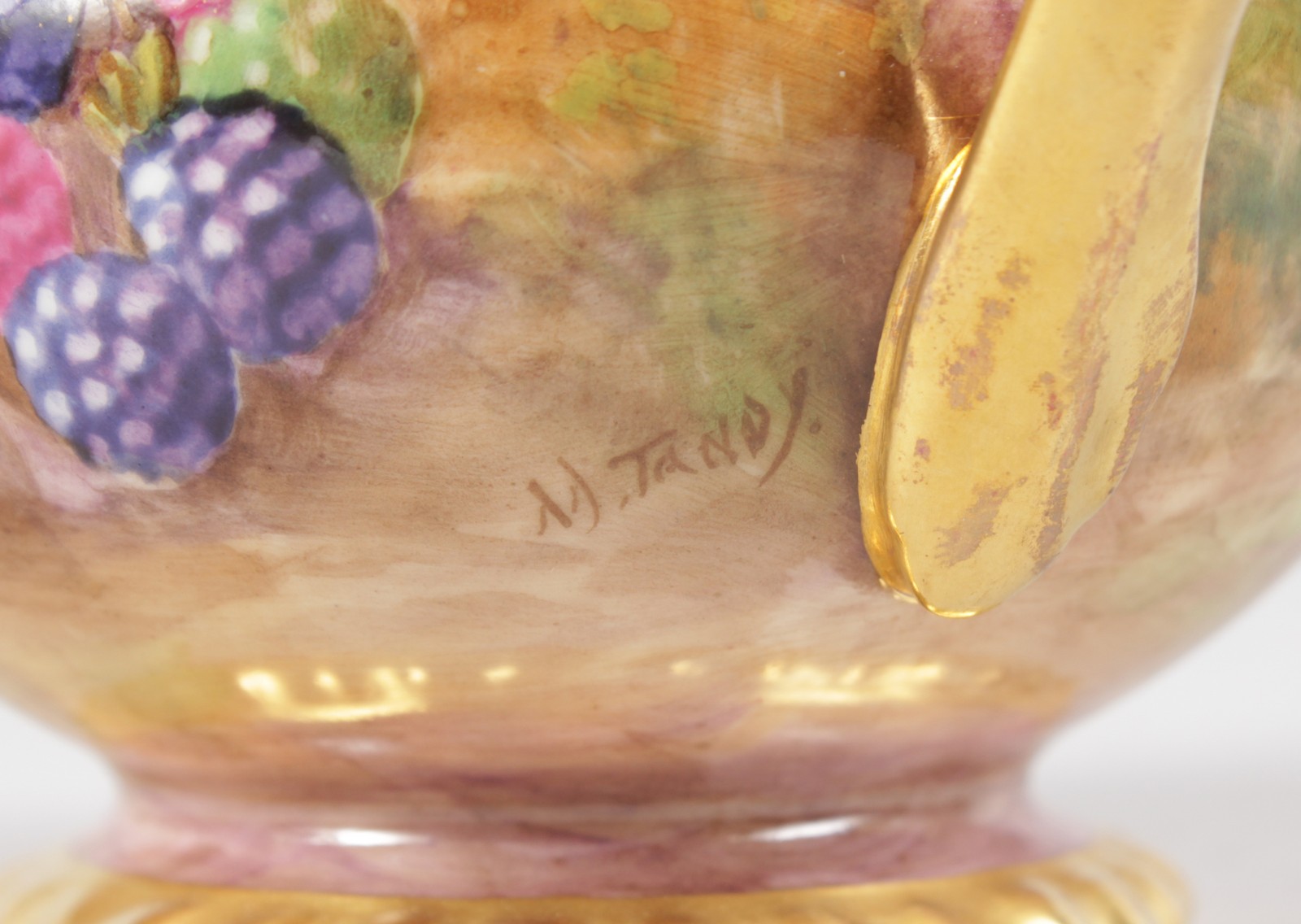 A ROYAL WORCESTER FRUIT PAINTED GADROON BORDERED CREAM JUG, signed by M. Tandy, black mark. - Image 3 of 6