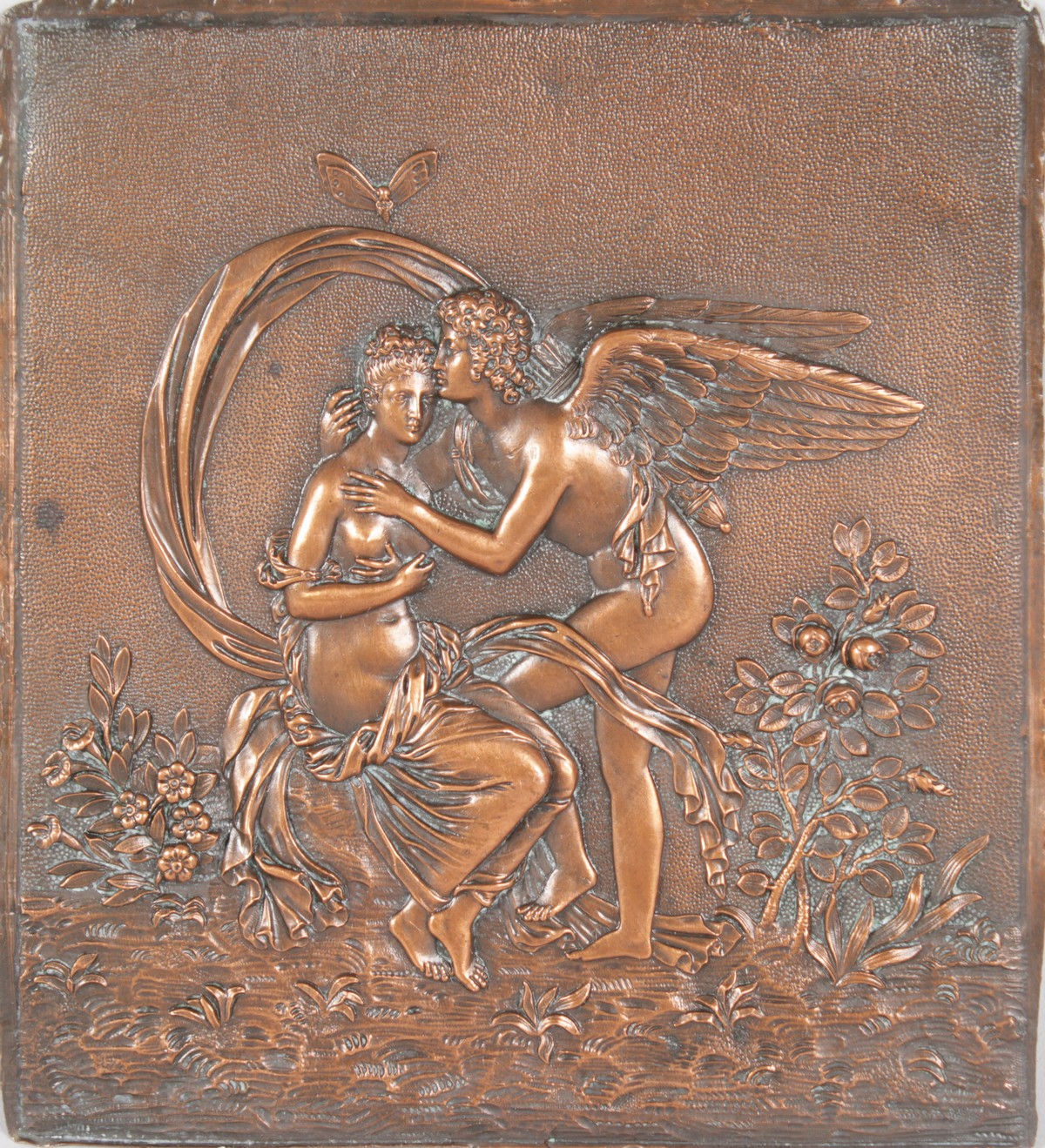 A CLASSICAL BRONZE PLAQUE "THE KISS". 6.25ins x 5.5ins.