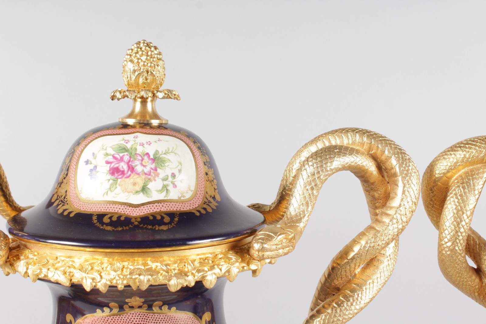 A SUPERB PAIR OF "SEVRES" BLUE PORCELAIN TWO HANDLED URNS AND COVERS, painted with reverse scenes, - Image 2 of 7