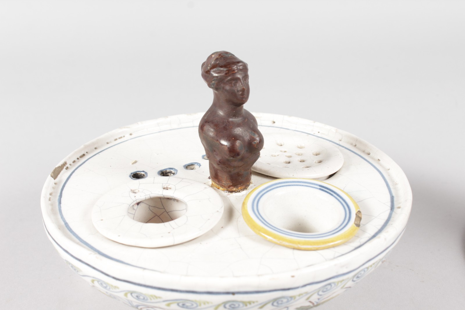 AN UNUSUAL 19TH CENTURY FAIENCE CIRCULAR INKWELL AND COVER with flared lift off lid with candle - Image 2 of 9