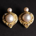 A VERY GOOD PAIR OF 18CT YELLOW GOLD HEART SHAPED EAR CLIPS set with diamonds and pearls.