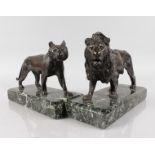 A VERY GOOD PAIR OF 19TH CENTURY FRENCH BRONZE LION AND LIONESS standing on marble bases. 11.5ins