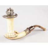 A GOOD WHITE MEERSCHAUM PIPE with horn mouthpiece, with silver mounts and lid as a crown, stamped