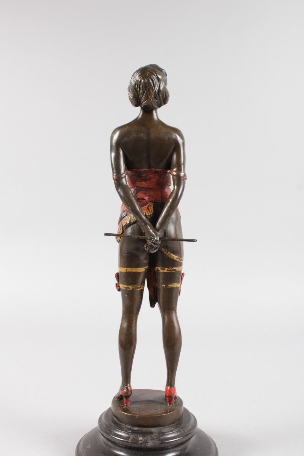 AFTER BRUNO ZACH A BRONZE GILDED SEMI CLAD STANDING GIRL, holding a whip. Signed, on a circular - Image 6 of 9