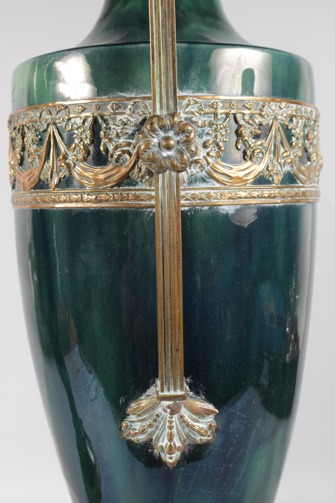 A GOOD PAIR OF LARGE GREEN PORCELAIN TWO HANDLED TAPERING VASES with large gilt metal handles and - Image 4 of 6