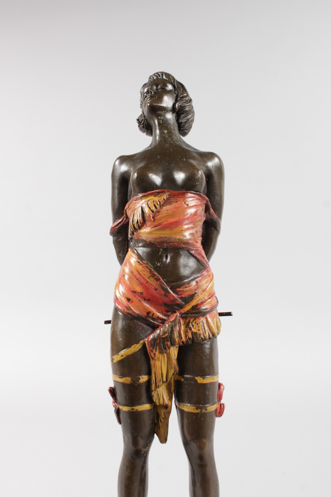 AFTER BRUNO ZACH A BRONZE GILDED SEMI CLAD STANDING GIRL, holding a whip. Signed, on a circular - Image 8 of 9