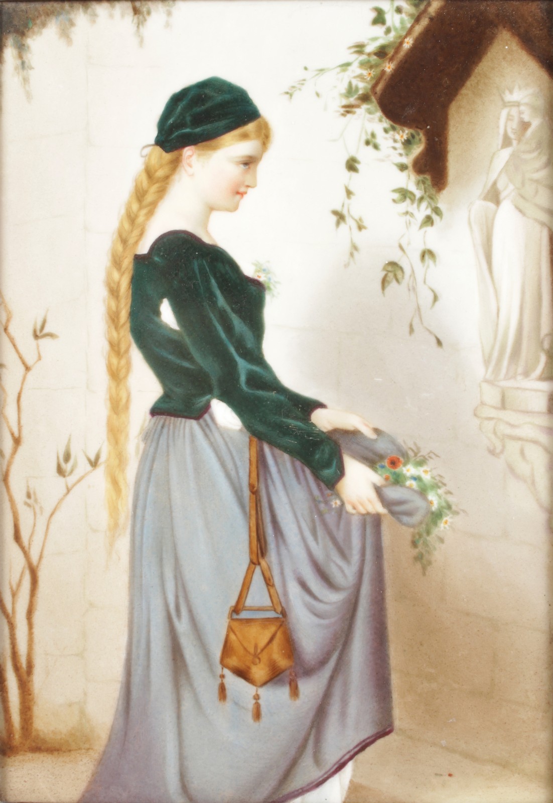 A KPM PORCELAIN PLAQUE, a young girl with flowers before The Madonna. 9ins x 6ins.