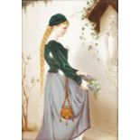 A KPM PORCELAIN PLAQUE, a young girl with flowers before The Madonna. 9ins x 6ins.
