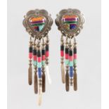 A PAIR OF AMERICAN INDIAN SILVER AND ENAMEL EARRINGS.