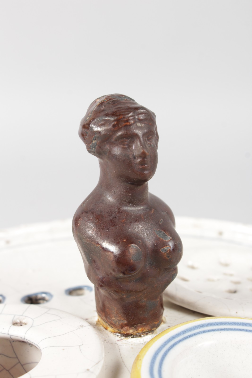 AN UNUSUAL 19TH CENTURY FAIENCE CIRCULAR INKWELL AND COVER with flared lift off lid with candle - Image 3 of 9