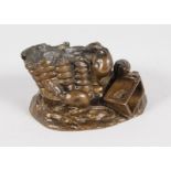 A SMALL 19TH CENTURY FRENCH BRONZE, RATS ON A BASKET. 4ins wide, 2.5ins high.