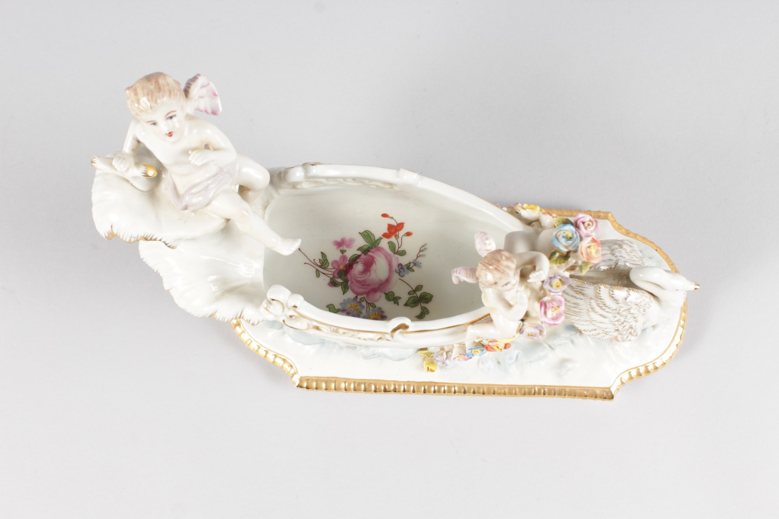 A DRESDEN STYLE PORCELAIN BOAT with swan and cupids. - Image 3 of 4