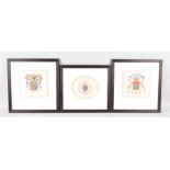 THREE 18TH CENTURY GOUACHE FAMILY ARMORIALS, framed and glazed. 7ins x 6ins.