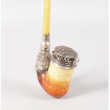 A RARE GERMAN MEERSCHAUM PIPE, with silver mounts and lid with unusual long seabird bone shaft, with