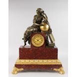 A SUPERB LOUIS XVI BRONZE, ORMOLU AND ROUGE MARBLE MANTLE CLOCK, the case with a classical female