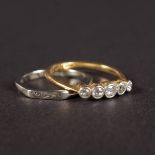 A FIVE STONE DIAMOND RING and 18CT WHITE GOLD WEDDING RING.