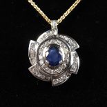 A SUPERB 18CT WHITE GOLD, SAPPHIRE, 2CT AND DIAMONDS, 1.6CTS on a chain.