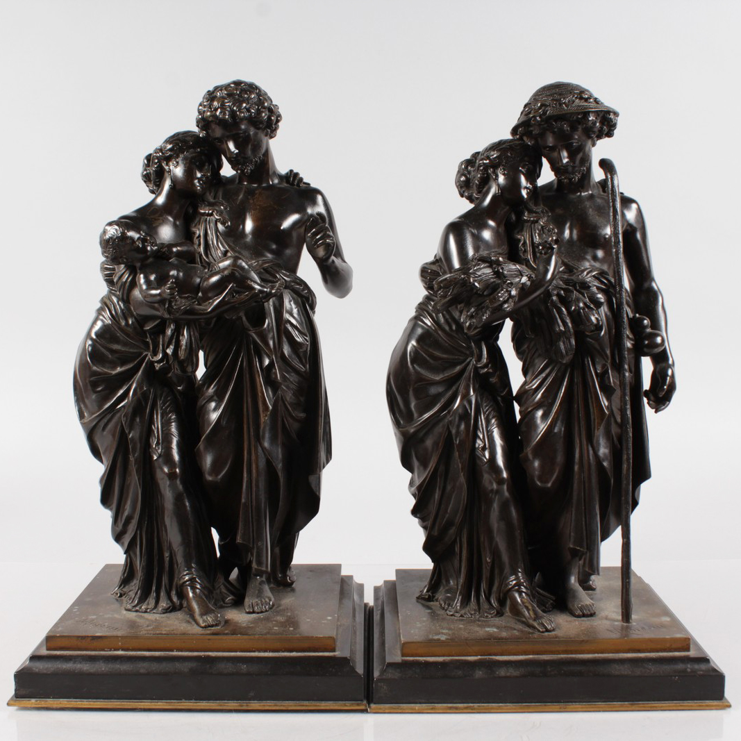 AUGUSTE MOREAU (19TH CENTURY) FRENCH A SUPERB PAIR OF BRONZE FIGURE GROUPS, a classical man and