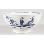 AN 18TH CENTURY WORCESTER BOWL finely painted in underglaze blue with the Waiting Chinaman. 6ins