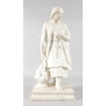 GAYNARD A GOOD CARVED WHITE MARBLE FIGURE OF A YOUNG GIRL carrying a basket of fruit and standing on