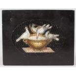 AN ITALIAN MICRO MOSAIC TABLET, three doves and an urn. 4ins x 5ins.