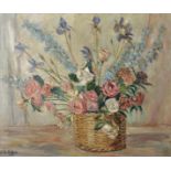 G... Raffan (20th Century) British. Still Life of Flowers in a Wicker Basket, Oil on Canvas, Signed,