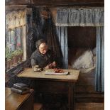 K... D... Mygind (1877-1950) Danish. 'The Artist's Mother', Seated in an Interior Knitting, Oil on