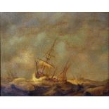 Manner of Peter Monamy (1681-1749) British. A Seascape with a Ship in Distress, Oil on Canvas, 7"