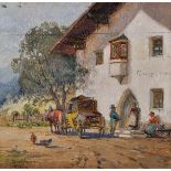 Peter Eichhorn (1877-1960) German. A Horse Drawn Coach, outside an Inn, Oil on Panel, Signed and