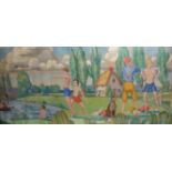 20th Century English School. A River Landscape, with Young Boys Bathing, Oil on Unstretched