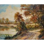 19th Century Dutch School. A River Landscape, Oil on Canvas, Indistinctly Signed, 19.5" x 24".