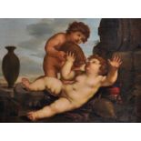 18th Century Italian School. A Cherub, helping another Cherub Drink Wine, with Barrels beside