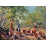 S... Bevan (20th Century) American. Cowboys Herding Cattle, Oil on Canvas, Signed, 18" x 24".