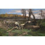 19th Century Italian School. 'The Loggers', Oil on Canvas, Indistinctly Signed, 19.5" x 31.5".