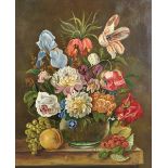 R... Wayman (20th Century) British. Still Life of Flowers in a Glass Vase, and Fruit on a Ledge, Oil