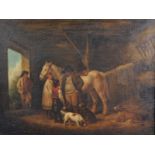 After George Morland (1763-1804) British. Interior of a Barn, with Figures, Oil on Canvas, 18" x