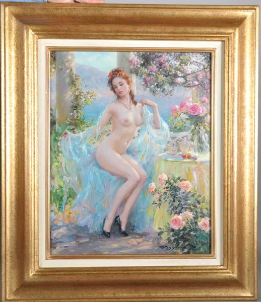 Konstantin Razumov (1974- ) Russian. "In the Arbour Near the Sea", a Naked Lady, Seated on a - Image 2 of 5