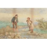 J... Wallace (19th - 20th Century) British. Young Children by a Stream, Watercolour, Signed, 12" x