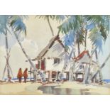 Yong Mun Sen (1896-1962) Malaysian. Figures by a Beach House, Signed with Initials and Dated 1946,