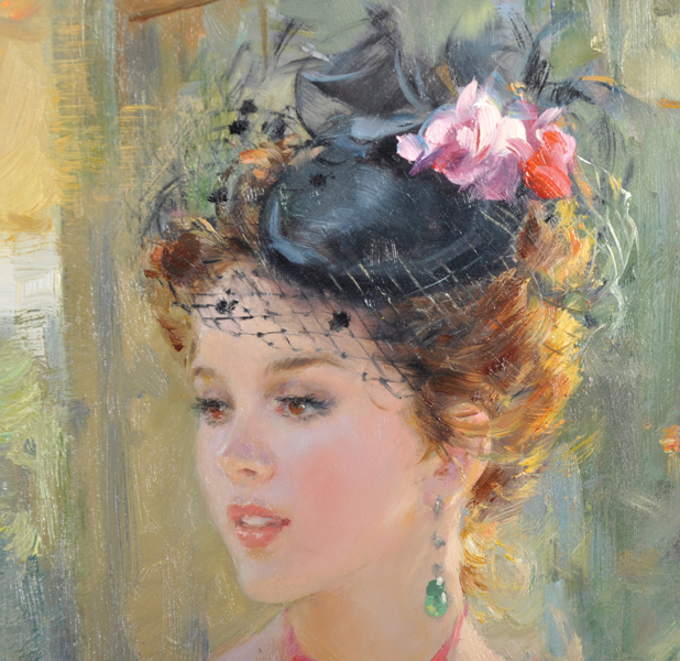 Konstantin Razumov (1974- ) Russian. "An Elegant Lady Dressed in Red with a Floral Hat", Oil on - Image 4 of 6