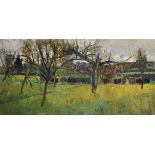 20th Century French School. An Orchard, with a Lake and Houses in the distance, Oil on Board, 18"