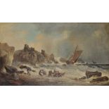 19th Century English School. A Coastal Scene, with a Ship Wreck, and Figures on the Beach, Oil on