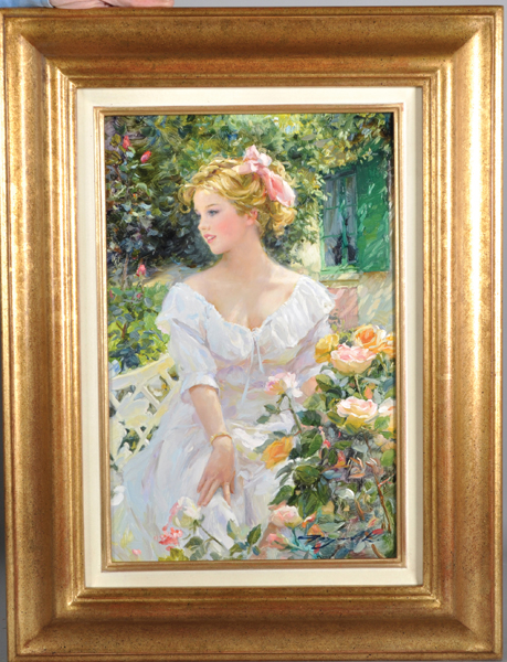 Konstantin Razumov (1974- ) Russian. "The Aroma of Roses", a Young Lady Seated in a Garden, Oil on - Image 2 of 5