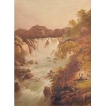 19th Century English School. A River Landscape with a Waterfall, and Figures in the foreground,