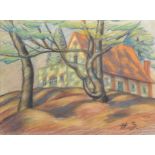 20th Century English School. Study of a House, with Trees in the foreground, Pastel, Signed with
