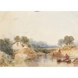 19th Century English School. A River Landscape, with a Figures with Fishing Nets, Watercolour,