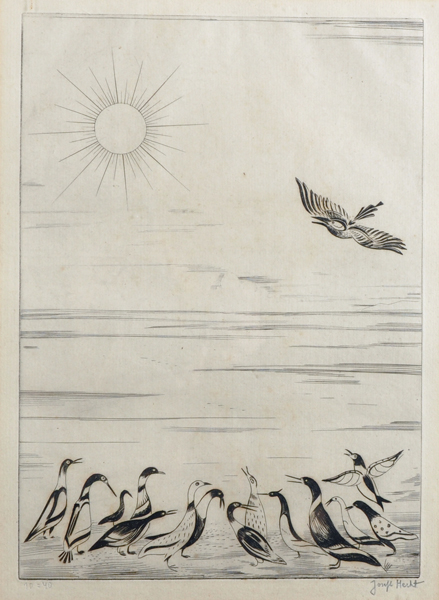 Joseph Hecht (1891-1951) Polish/French. "Ducks and Sun, 1933", Engraving with Hecht Watermark,