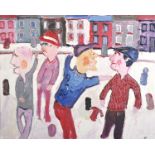 Fred Yates (1922-2008) British. Figures in a Street, Oil on Canvas, 20" x 24". Provenance; Fred