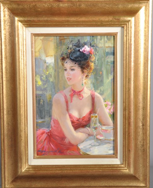 Konstantin Razumov (1974- ) Russian. "An Elegant Lady Dressed in Red with a Floral Hat", Oil on - Image 2 of 6